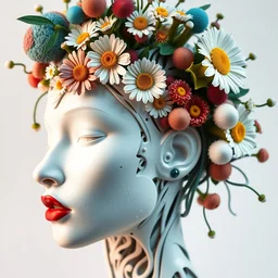biomechanical beautiful woman portrait with a smooth carved porcelain ivory profile face, futuristic haute couture, iris van herpin, headdress with daisies, colorful puffballs, leaves, tendrils, mushrooms, rhizomorphs, brackets, sponge corals, laser cut paper, red plump lips, magnesium, hyper detailed, ultra sharp, 8 k, uhd