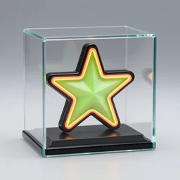 neon ninja star in a glass display box, product photography, studio lighting, 80mm, macro, octane render, prism highlights