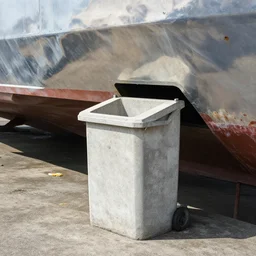 dry dock concrete clamshell grill garbage can on an abandoned shiny angular motorboat hull,