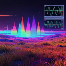 synthwave, colorful, glitchy, landscape, in a spectrogram and an oscilloscope, matte painting, unreal engine, 4 k