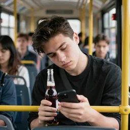 a bored tired young university student is riding a very crowded public bus, he's holding a bottle of fizzy dark beer and is looking at his smartphone. student is wearing a black shirt, has slick dark brown hair and a round face with mild acne. professional stock photo, bokeh, 4 k