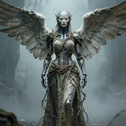 portrait of a beautiful warrior, cyborgsymetrical face, single character, perfect expression, subconscious connects, purified consciousness, dressed in long cloth with vines and wires, solarpunk enviroment, full body, ultrarealistic, cinematic lights 4 k, fine art, death angel, intrincate, artstation, octane render. by peter mohrbacher, marc simonetti