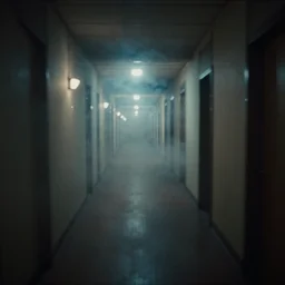dolly zoom stretch shot of a impossibly long hallway, moody lighting, smoke effects, strobe lights, particle effects, atmospheric - h 6 4 0