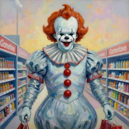 painting of giant pennywise shopping at gamestop, by van gogh, surrealism, cold hue's, warm tone gradient background