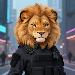 beautiful furry art portrait commission of a female furry anthro lioness fursona wearing a tactical swat uniform in the streets of a cyberpunk city at night in the snow. neon light. character design by charlie bowater, ross tran, artgerm, and makoto shinkai, detailed, inked, western comic book art