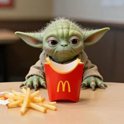 yoda, upset, yoda sitting behind a table inside mcdonald's, small red cardboard box on table, yellow m logo on box, soggy french fries, 3 5 mm, f / 2. 8