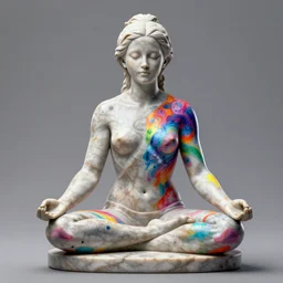 3D print marble sculpture of Emma Watson by Jean-Baptiste Carpeaux and Luo Li Rong and Michael James Talbot, sitting yoga meditation pose, beautiful body, perfect symmetrical face, colorful, bright psychedelic colors, bodypaint, acrylic paint splashes, full length shot, elegant, realistic, 8K, female full-skin figure, hyperrealism, subsurface scattering, raytracing, soft light, Octane Render, Redshift, Zbrush