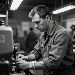 working man, tied to his machine in a factory, black and white photography