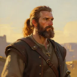 a stunning painting of dave foley with a ponytail and beard dressed as a medieval explorer, james gurney, digital art, golden hour