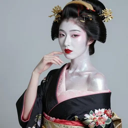 sexy glamorous Geisha photo portrait, beautiful pale makeup, pearlescent skin, elegant pose, very detailed, highly detailed kimono, photorealism, sharp focus, photorealism, soft diffuse autumn lights, some sunlight ray, dark room wall, canon 5D 50 mm lens, zen temple background