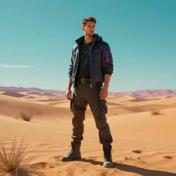 realistic man standing in cyberpunk high desert digital art, trending on artstation, neon