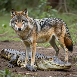 a wolf crocodile!!! hybrid! hyper realistic!! realistic lighting!! bold natural colors, masterpiece, ( trending on artstation ) photograph! national geographic, wildlife photographer of the year