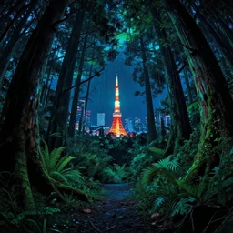 nature by le corbusier, fisheye neon noir uv light synthwave rainforest reclaimed by nature studio ghibli forest dramatic lighting tron tokyo landscape, archdaily, wallpaper, highly detailed, trending on artstation.
