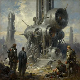 a retro technological ruins by, tim hildebrandt, wayne barlowe, bruce pennington, donato giancola, trending on artstation, cinematic composition, beautiful lighting, hyper detailed, 8 k, oil on canvas