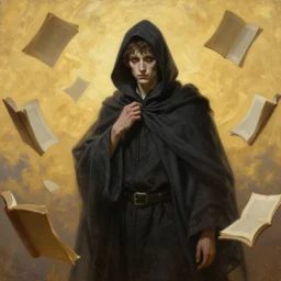 breathtaking soft painting of young arthur rimbaud as a grim reaper, gauze cloak in a golden sky, books flying around, realistic symmetrical face features, rembrandt style, elegant, highly detailed, artstation, concept art, matte, sharp focus, art by tom bagshaw, and greg rutkowski