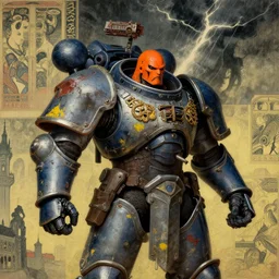 composition of gothic and futuristic, warhammer, cyber armor, more and more scars, thunderstorm, orange head, some yellow and blue, the middle ages, highly detailed, artstation, in the style of moebius, jugendstil and classic japanese print, art by richard pearce
