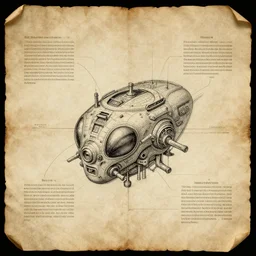 schematic for alien technology, aged, faded parchment, sketch, descriptions, highly detailed, 8 k,
