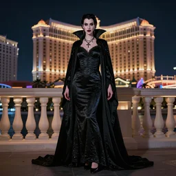 realistic matte painting, full length portrait, the duchess of blood owns the las vegas night, vampire, highly detailed, CGsociety, subtle, concept art, HDR, hyper realistic, volumetric lighting, subsurface scattering, unreal