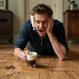 sean mcloughlin freaking out over his coffee spilling onto the floor