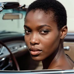 close up of face of a black fashion model, background bel air convertible, photo by peter lindbergh, 1 9 5 5, vintage, highly detailed