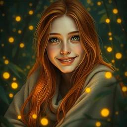 an amused young woman surrounded by golden firefly lights in a mesmerizing scene, sitting amidst nature fully covered, long loose red hair, precise linework, accurate green eyes, small nose with freckles, smooth oval shape face, empathic, bright smile, expressive emotions, ultrafine hyper realistic art by artemisia gentileschi, jessica rossier, boris vallejo