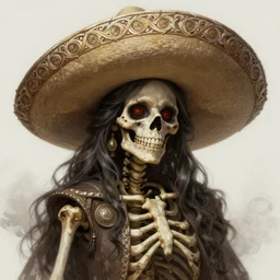 painted portrait of cute smiling rugged undead skeleton girl wearing sombrero, fantasy, intricate, elegant, extremely detailed digital painting trending artstation concept art heroic portrait sharp focus, illustration, art by greg rutkowski magali villeneuve gaston bussiere