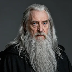 portrait of 8 0 - year - old man, with blue eyes, very long silver hair, and very long silver beard, a long crooked nose, dumbledore, wearing in black cloak, hyper realistic face, beautiful eyes, character art, art by mark brooks, hyperdetailed, cryengine, trending on artstation, digital art