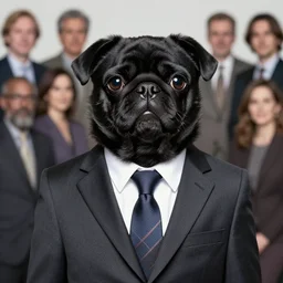 a realistic portrait of anthropomorphized black pugalier dog wearing suit and tie, photographic realistic background, by atey ghailan, by greg rutkowski, by greg tocchini, by james gilleard, by joe fenton, by kaethe butcher, trending on instagram, award winning details
