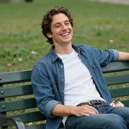 keanu happily leaning back on a park bench, enjoying life to its fullest, full of joy, candid photo