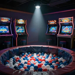 “in a ball pit looking out over an arcade after closing. Dramatic creepy lighting”