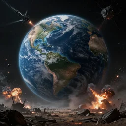 dystopian planet earth from space, war explosions, wasteland, dark futuristic, sci - fi