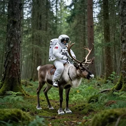american astronaut in the forest riding a reindeer, plants environment, wide angle, cinematic lighting, atmospheric, ultrarealistic, trending on artstation, octane render, highly detailed, color graded, in the style of craig mullins