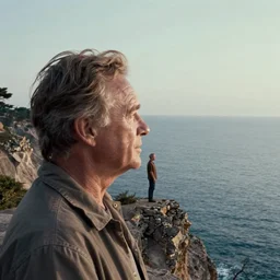 Concept Art of cinematography of Terrence Malick film close up wide angle of man standing on the cliff by the shore staring out in the distance contemplating his existence by Carl Gustav Carus by Monia Merlo