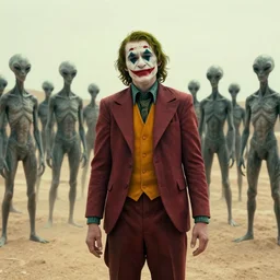cinematic shot of the joker standing in front of a group of grey aliens in the desert, 8 k, intricate,