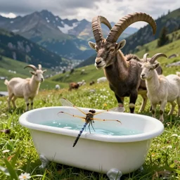 dragonfly in a bathtub in the alps, big ibex!!!!!!! in the background, with goats!! on grass
