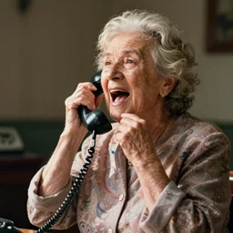 old ladies shouting into a landline telephone receiver, spiral cord, good light