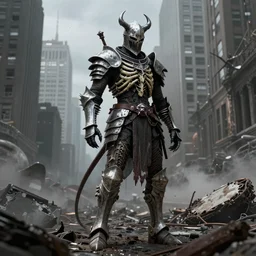 demonic knight in ribbed bone armour standing in a post apocalyptic New York , full body character, 4k high octane render, horror, high detail
