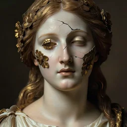 hyperrealism close - up mythological portrait of a medieval woman's shattered face partially made of bronze color flowers in style of classicism using the fibonacci golden ratio, pale skin, wearing ivory colour dress, dark and dull palette