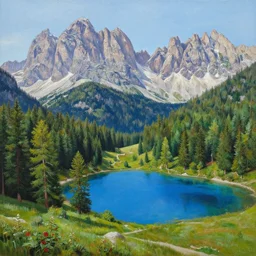 painting of dolomites landscape with a blue lake and a dense pines forest, a detailed matte painting by christophe vacher, matte painting, ultra detailed, matte drawing