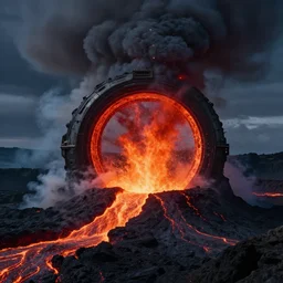 intergalactic stargate portal in the middle of a volcanic eruption, with lava and ash all around it
