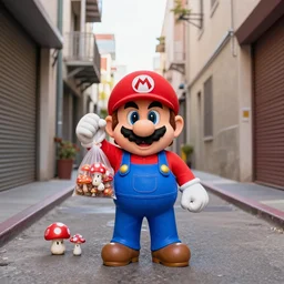 super mario as a drug dealer selling a bag of magic mushrooms in the alleys of los angeles, super mario in real life, red hat, blue overalls, mario super mushroom, canon eos r 3, f / 1. 4, iso 2 0 0, 1 / 1 6 0 s, 8 k, raw, unedited, symmetrical balance, wide angle