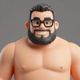 plastic action figure of a buff smiling man with long stubble beard, muscular neck, rectangular shaped glasses and a black bowl cut, wearing a black tshirt, dramatic light, blur, out - of - focus background, by kim jung gi, ric estrada, ron english and eiichiro oda