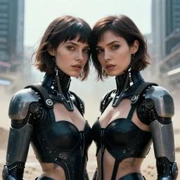 cinestill 5 0 d photographic portrait by helen levitt of two loving female cyborgs wearing sexy black waist cutout techwear in a brilliant cyberpunk city, extreme closeup, modern cyberpunk, dust storm, 8 k, hd, high resolution, 3 5 mm, f / 3 2, ultra realistic faces, intricate detail, ex machina