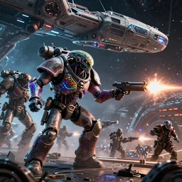 VFX movie of a futuristic inhuman alien spacemarines in future spaceship, firing gun at space pirates detailed creature skin neon lighting combat by Michael Bay