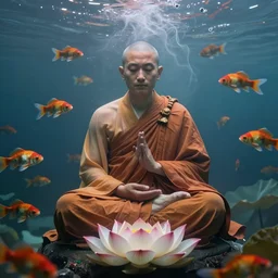 a wise monk meditating underwater, lotus pose, epic composition, smoke, dreamy, colourful fish, high detail, professional photography, 5 0 mm lens