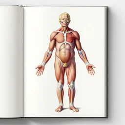 Biologically accurate anatomical description of Donald Turmp, medical book, full page, quadrichromic