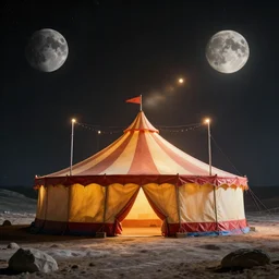 circus tent on the surface of the moon, circus, magical, warm light, photo realistic