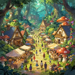 colorful, haphazard, bustling marketplace in a small mushroom town deep in a lush magical forest, market stalls, anime, a fantasy digital painting by Greg Rutkowski and James Gurney, trending on Artstation, highly detailed