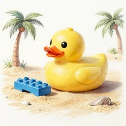 Pencil drawing of a rubber duck eating Lego bricks on a desert island