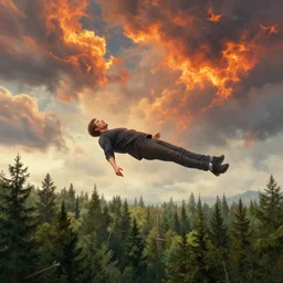 highly detailed illustration of a man floating over a forest while the clouds in the sky seem to be on fire by beeple, by moebius, by dan mumford, by nico delort, by kilian eng, by oliver vernon artist, by joseph moncada, by damon soule, by manabu ikeda, by kilian eng, by kyle hotz, by otomo, 4 k resolution, octane renderer